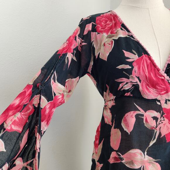 Y2K Magazine Black Pink Rose Print Wrap Tie Back Feminine Fairy Blouse Top S - Picture 2 of 10
